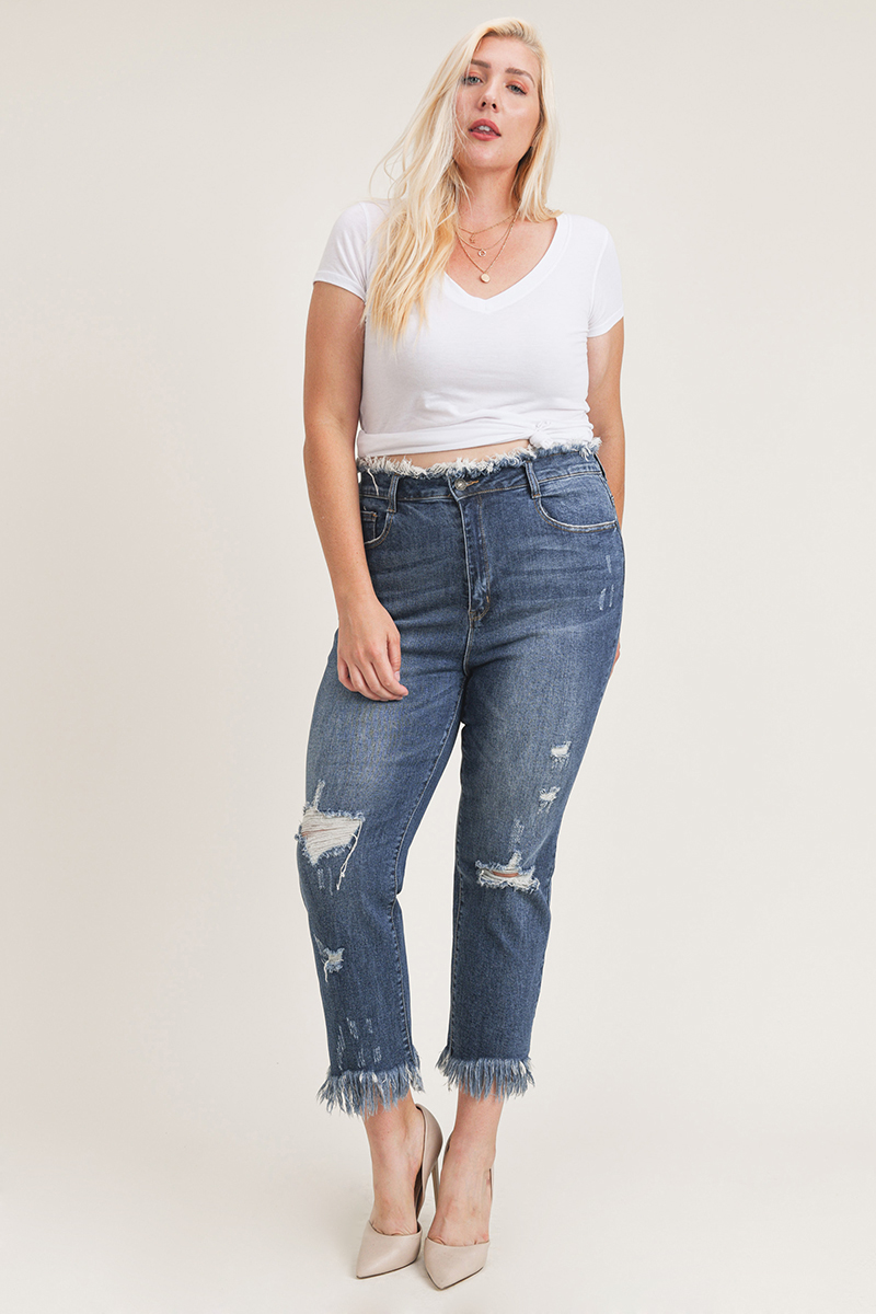 Risen High Waist Frayed Jeans-Plus Size